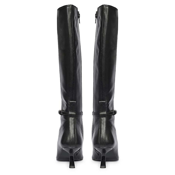 Women's Saint Elara black leather long boots, back pair view showing kitten heel