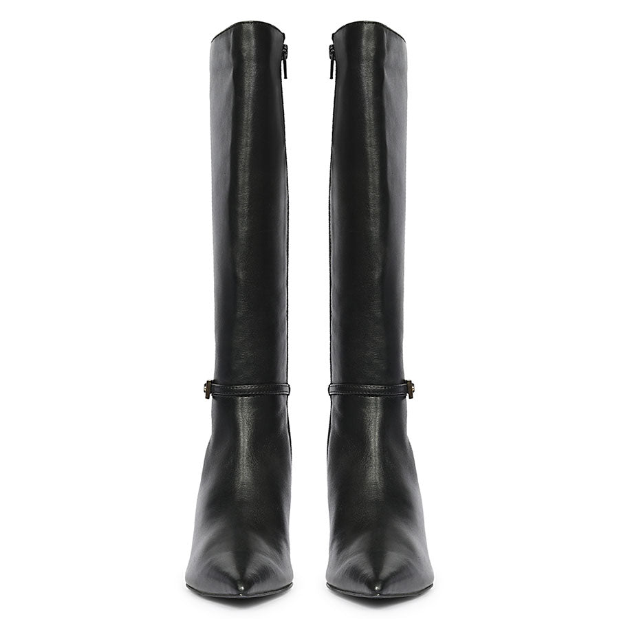 Saint Elara black leather long boots, front pair view of buckle strap and pointed toe