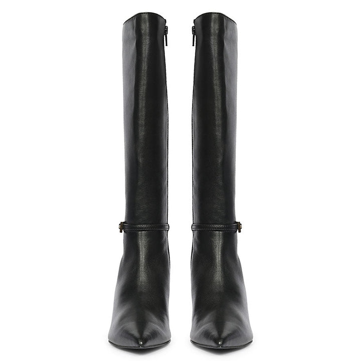 Saint Elara black leather long boots, front pair view of buckle strap and pointed toe