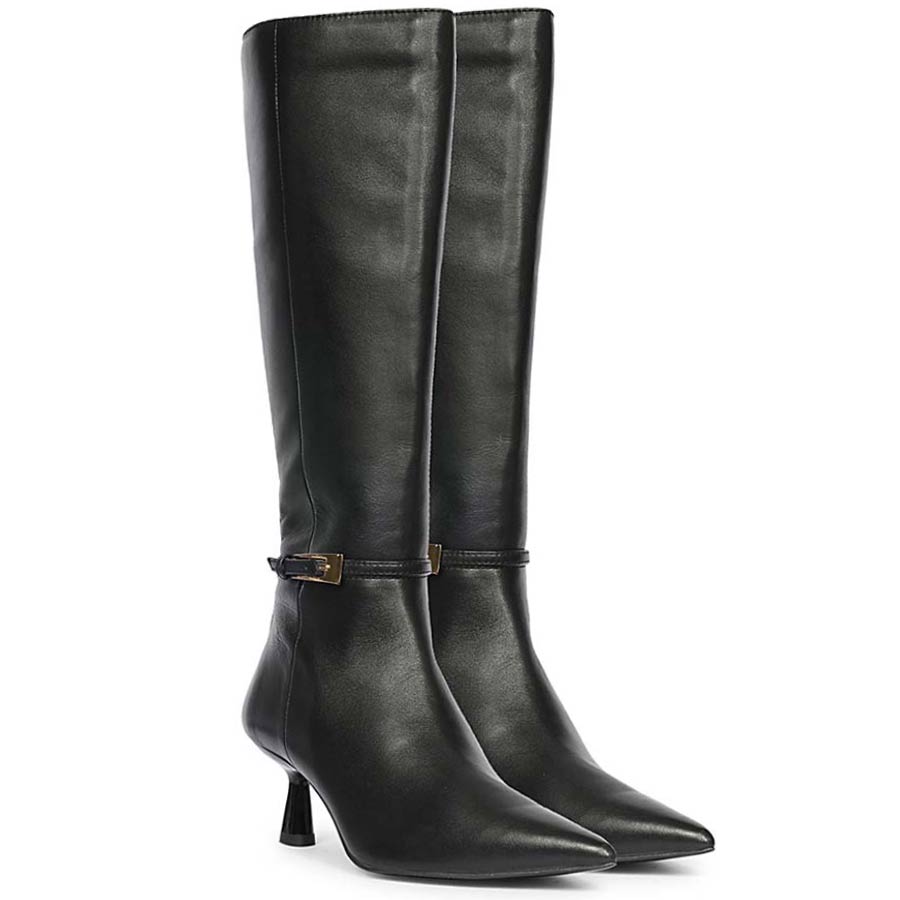 Saint Elara black leather long boots for women UK, pair view showing buckle strap and kitten heel