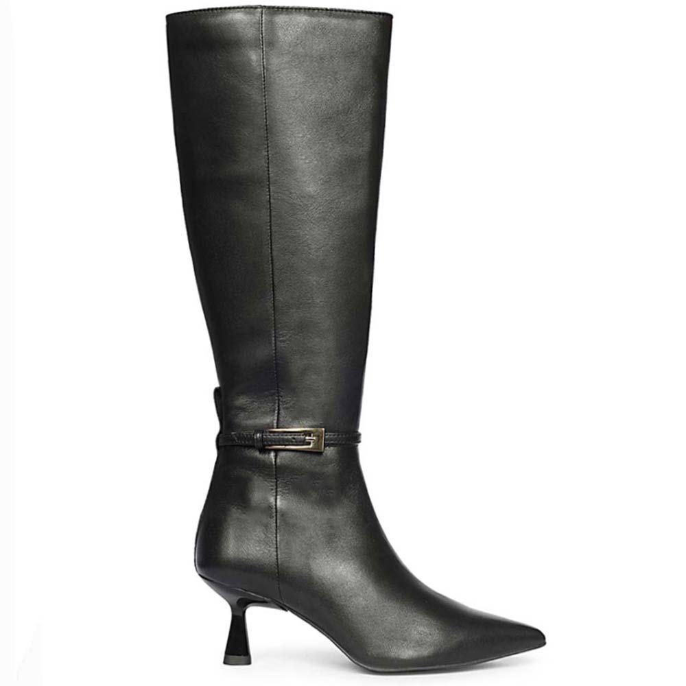 Saint Elara buckle embellished black leather long boots for women, side view of kitten heel and buckle strap