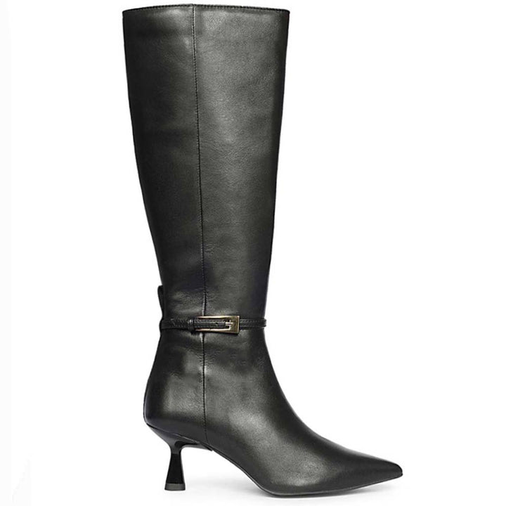Saint Elara buckle embellished black leather long boots for women, side view of kitten heel and buckle strap