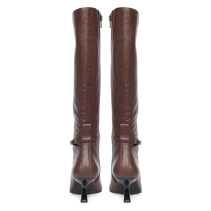Saint Elara brown leather long boots for women, back pair view showing kitten heel