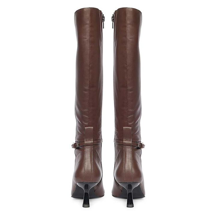 Saint Elara brown leather long boots for women, back pair view showing kitten heel