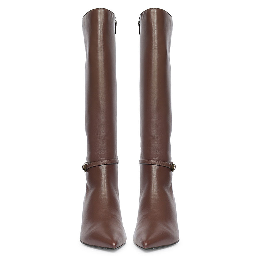 Women's Saint Elara brown leather long boots, front pair view of buckle strap and pointed toe