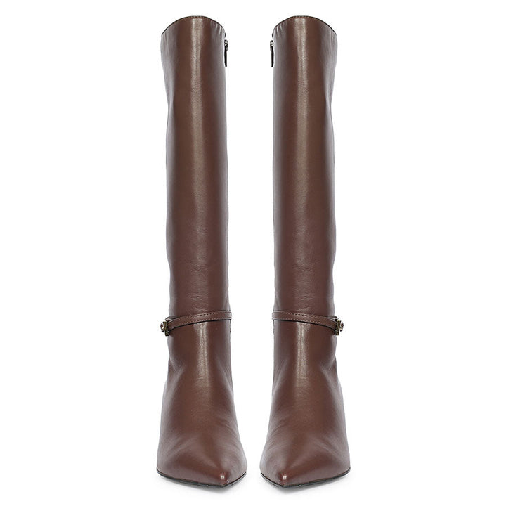 Women's Saint Elara brown leather long boots, front pair view of buckle strap and pointed toe