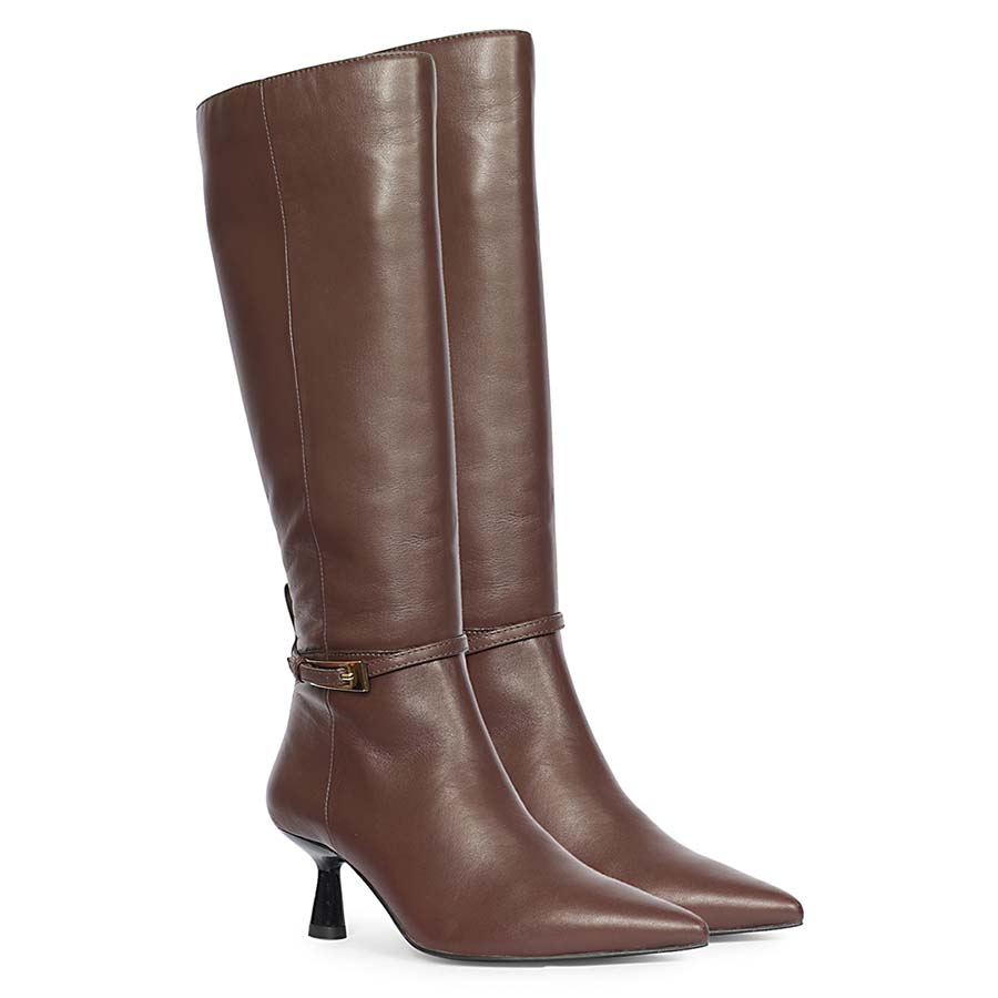 Saint Elara brown leather long boots for women UK, pair view showing buckle strap and kitten heel