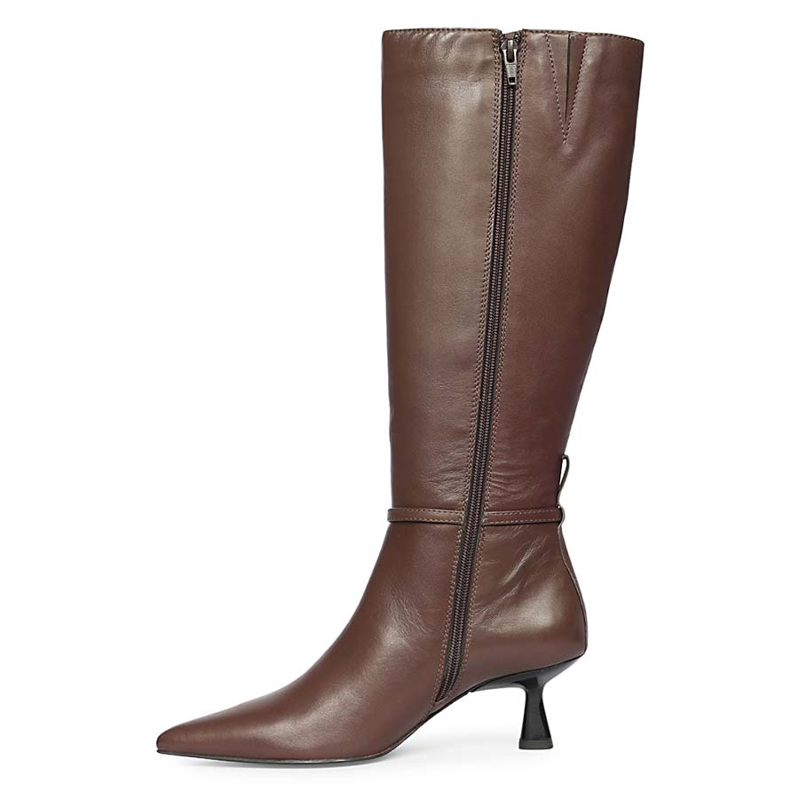 Saint Elara brown leather long boots, side view showing zip closure and kitten heel