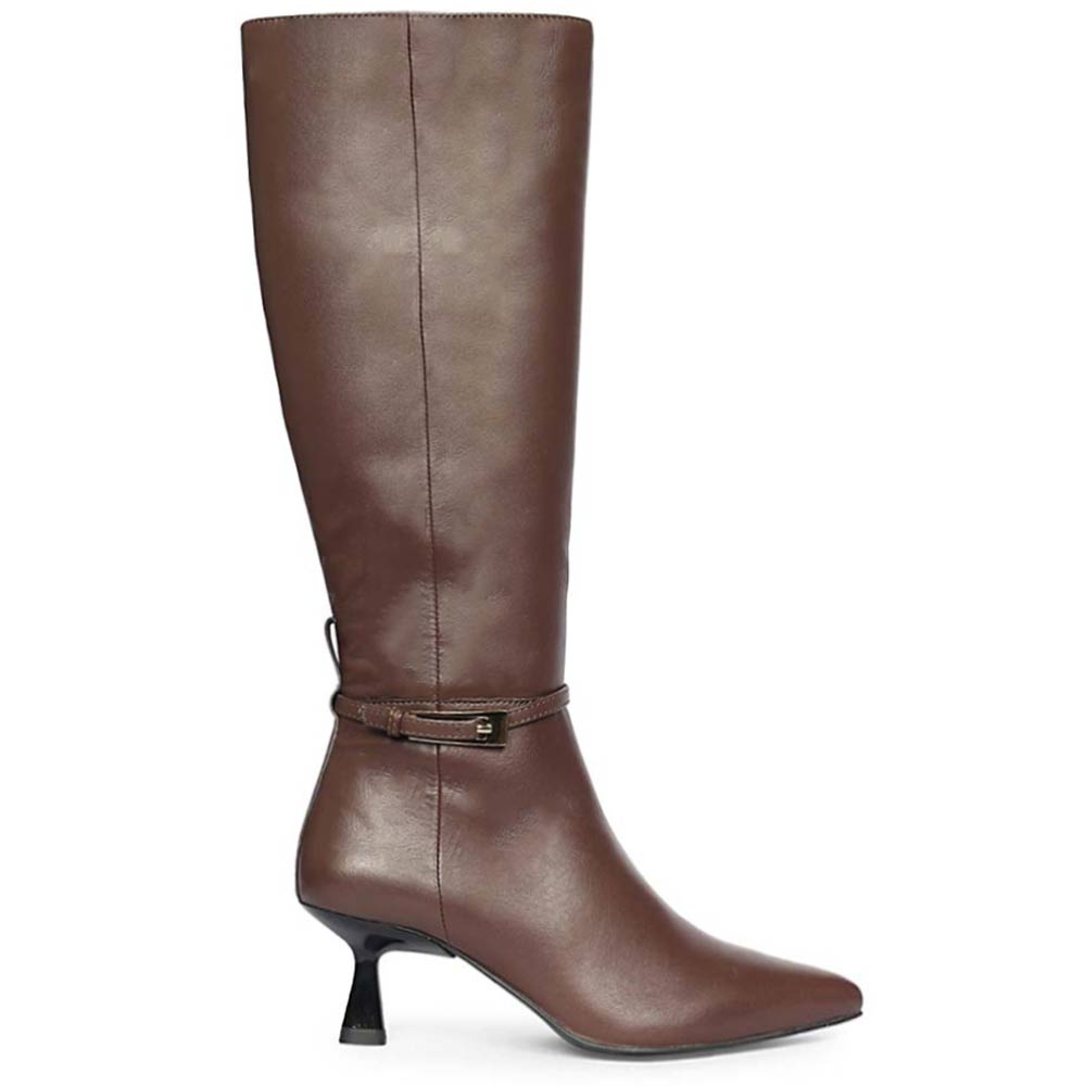 Saint Elara buckle embellished brown leather long boots for women, side view of kitten heel and buckle strap