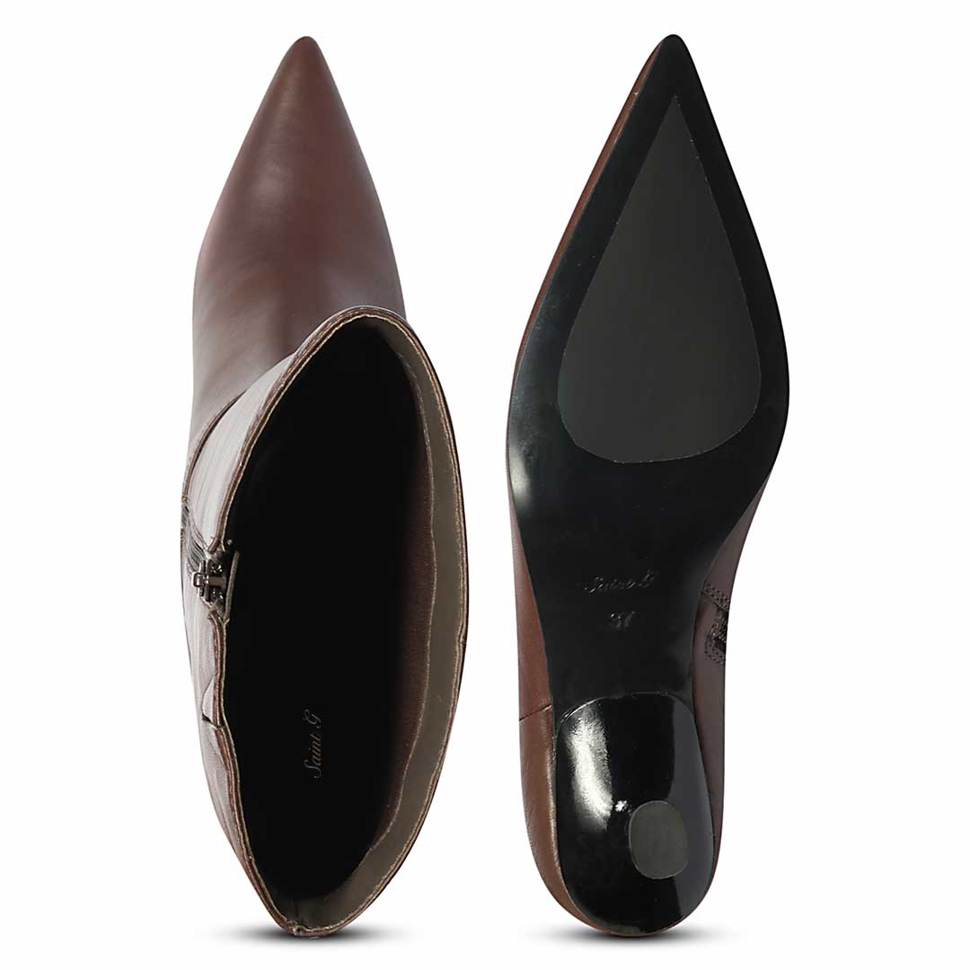 Saint Elara buckle embellished brown boots, interior and sole view