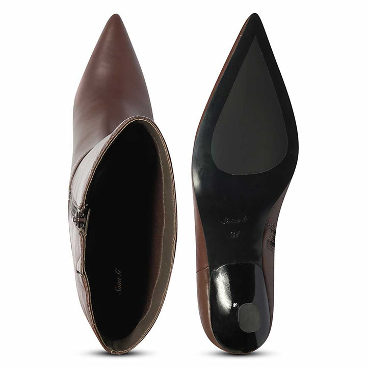 Saint Elara buckle embellished brown boots, interior and sole view