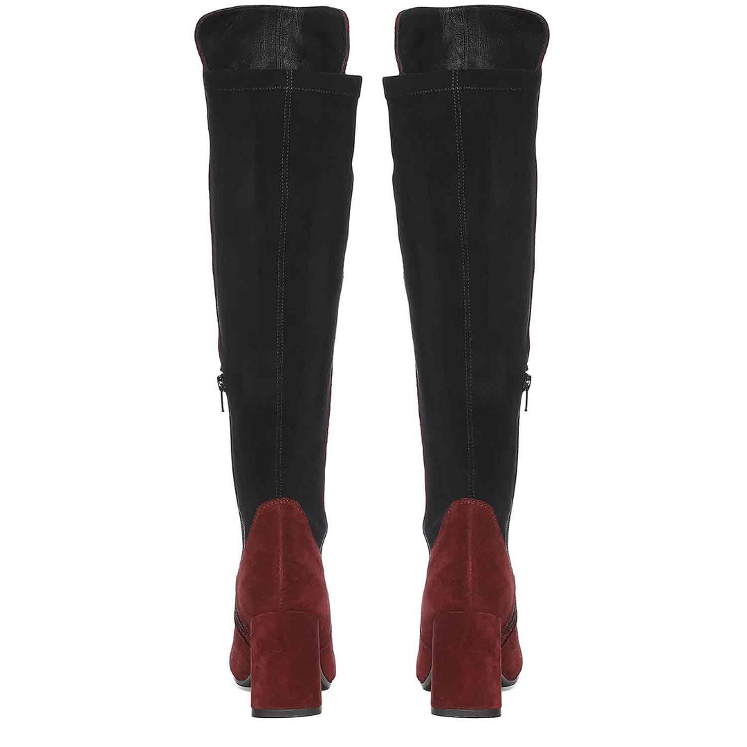 Saint Elexis maroon knee high boots, back pair view showing block heel