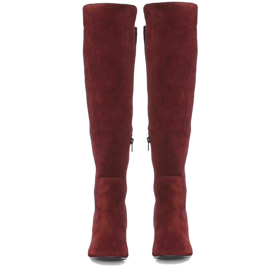 Women's maroon suede knee high boots, front pair view