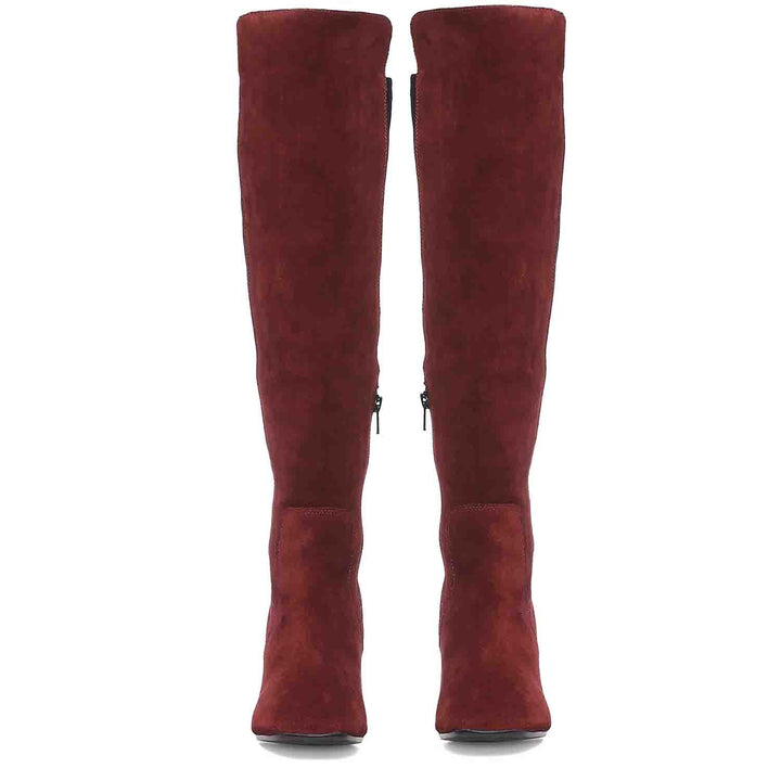 Women's maroon suede knee high boots, front pair view