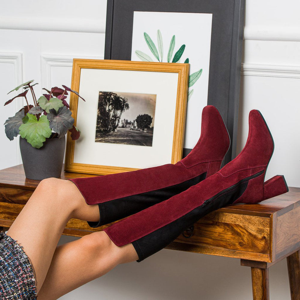 Women's maroon suede knee high boots by Saint Elexis, styled lifestyle shot