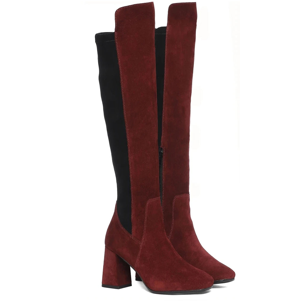 Knee high boots for women UK in maroon suede, pair view showing black stretch panel