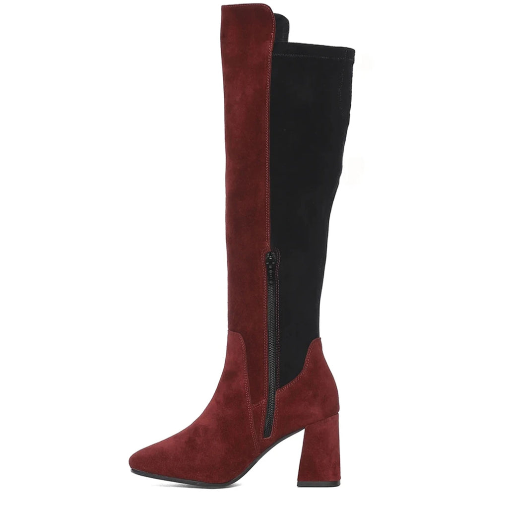 Saint Elexis maroon knee high boots, alternate side view of zip closure