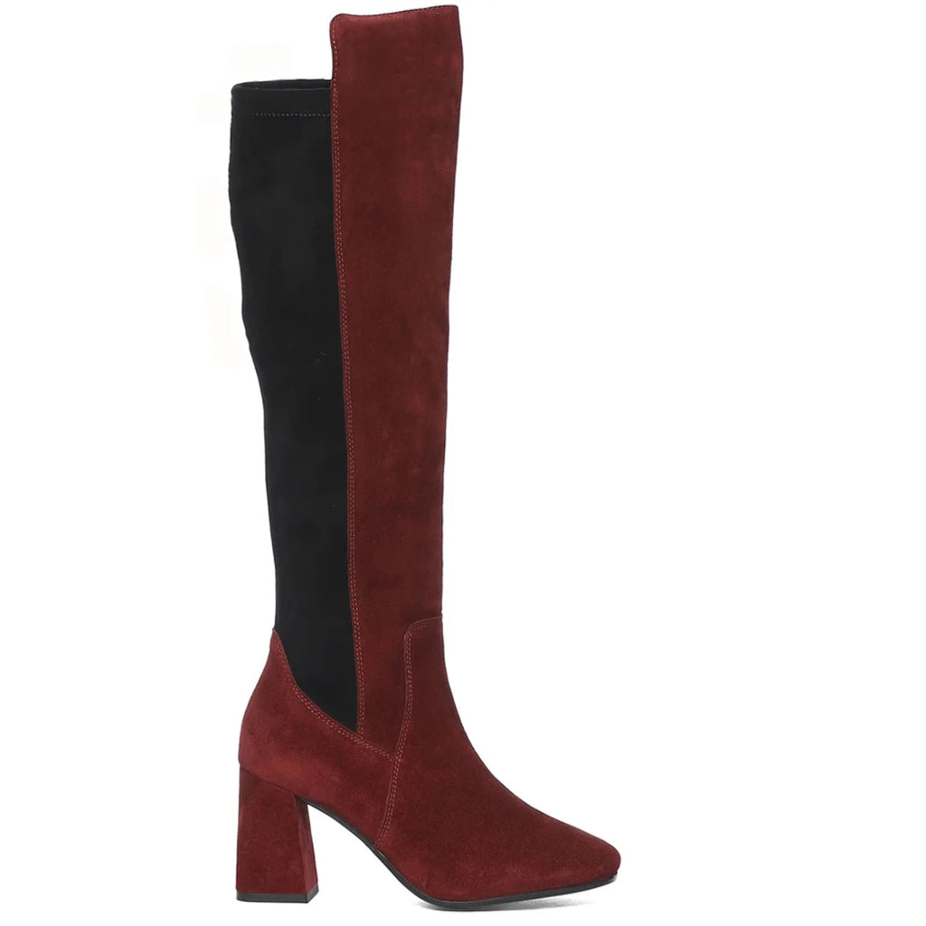 Saint Elexis maroon suede knee high boots for women, side view of block heel