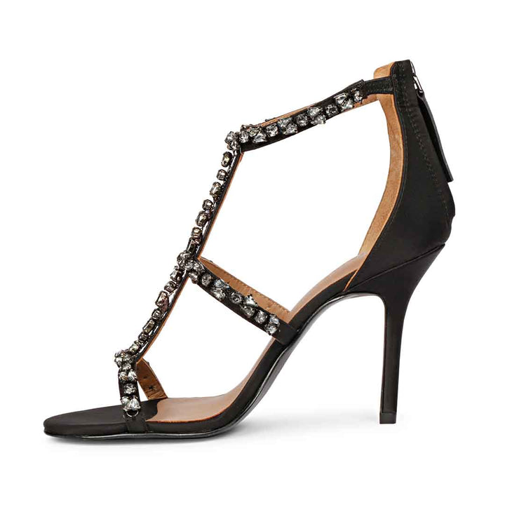 Women's Saint Ella Smoke Stone Embellished Black Leather Heels, angled view