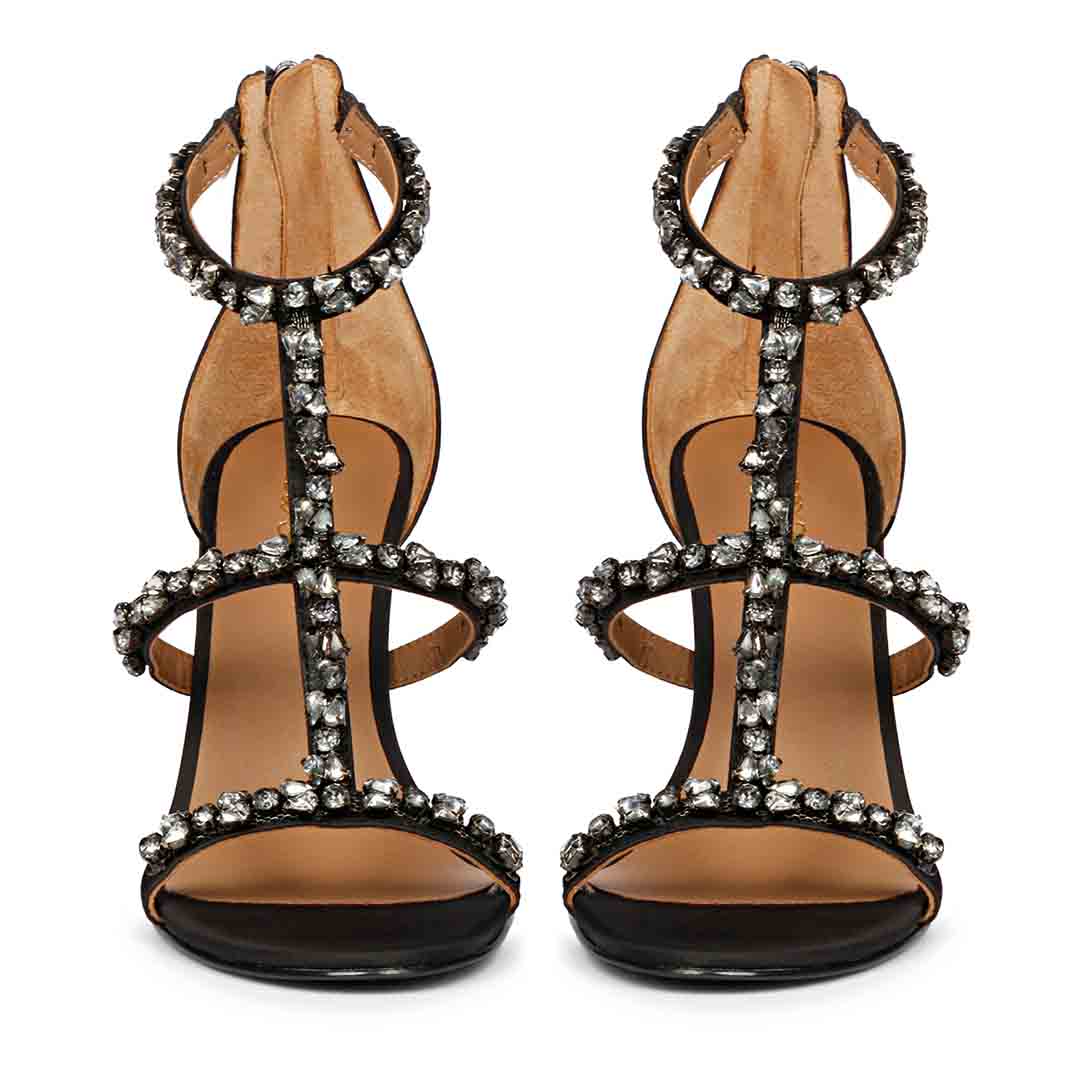 Women's Saint Ella Smoke Stone Embellished Black Leather Heels, front pair view