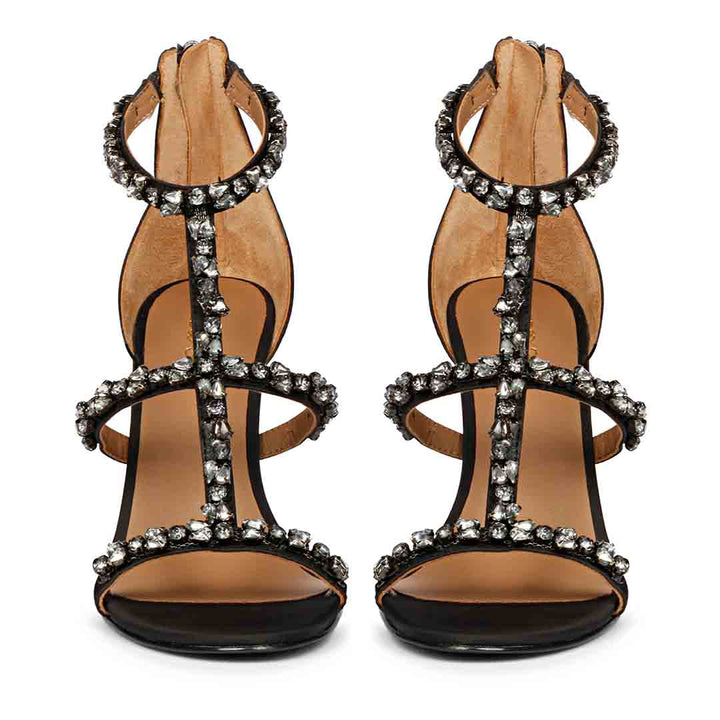 Women's Saint Ella Smoke Stone Embellished Black Leather Heels, front pair view