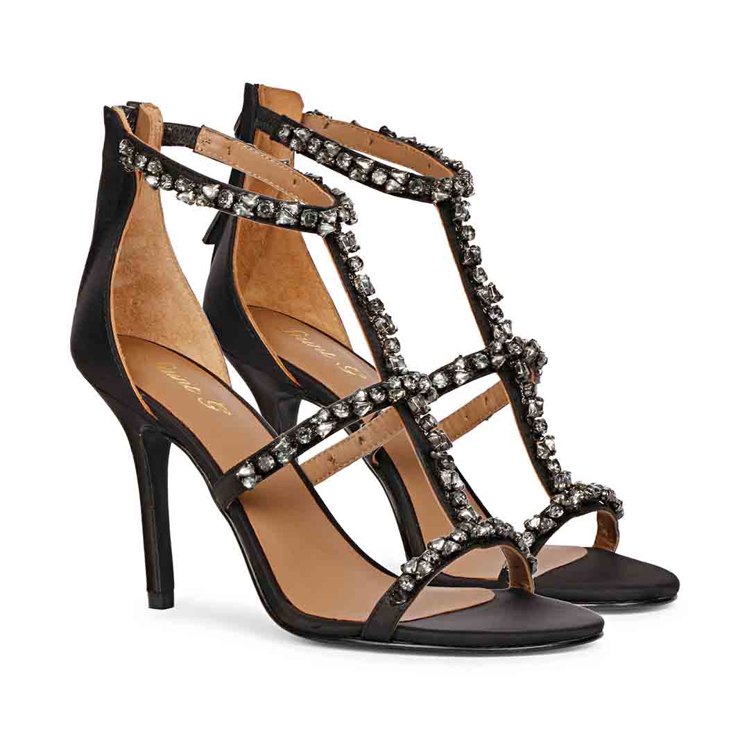 Women's Saint Ella Smoke Stone Embellished Black Leather Heels, pair view