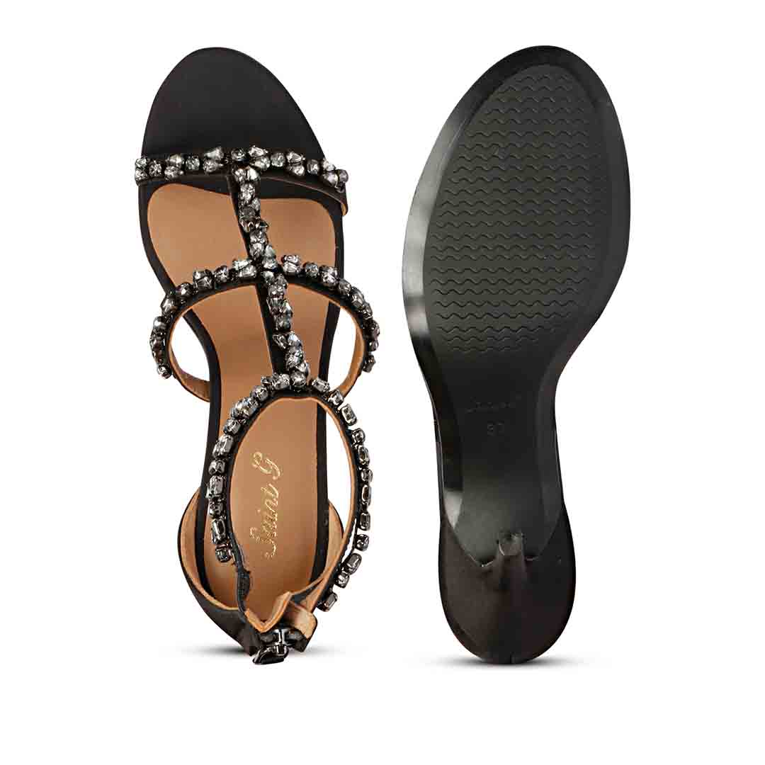 Women's Saint Ella Smoke Stone Embellished Black Leather Heels, sole view