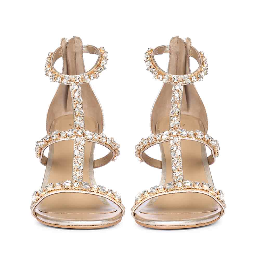 Front view of stone embellished metallic gold leather stilettos detail on Saint Ella Stone Embellished Metallic Gold Leather Stilettos