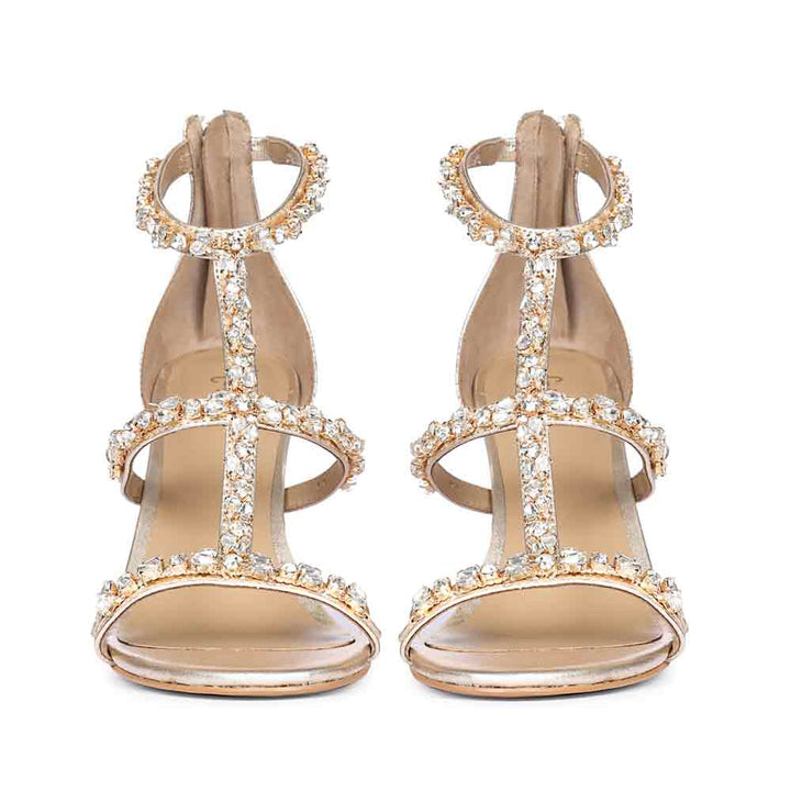Front view of stone embellished metallic gold leather stilettos detail on Saint Ella Stone Embellished Metallic Gold Leather Stilettos