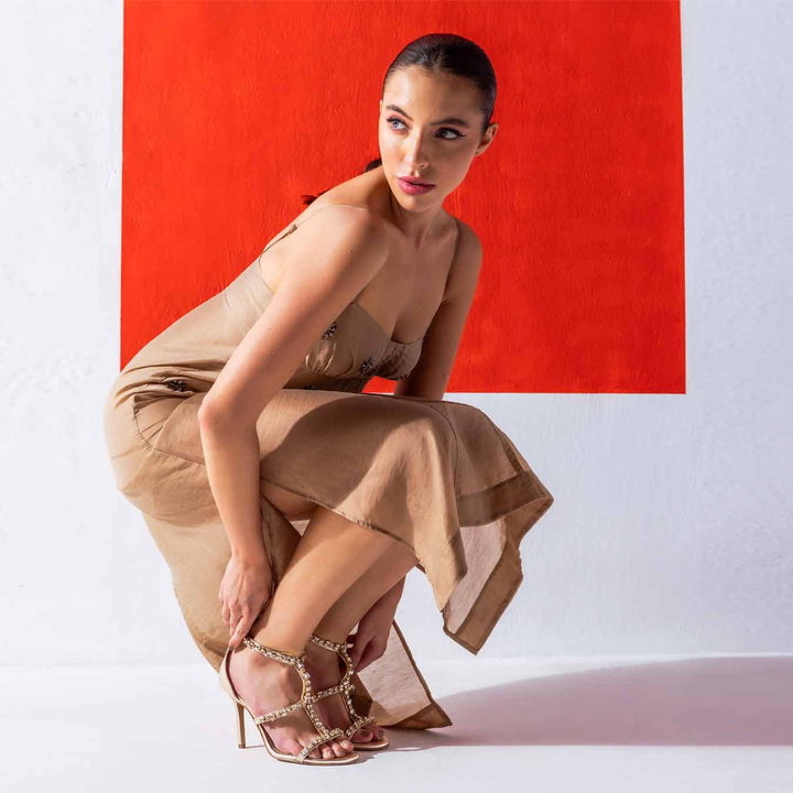Saint Ella Stone Embellished Metallic Gold Leather Stilettos, lifestyle view