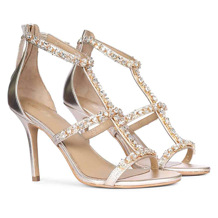 Saint Ella Stone Embellished Metallic Gold Leather Stilettos, pair view