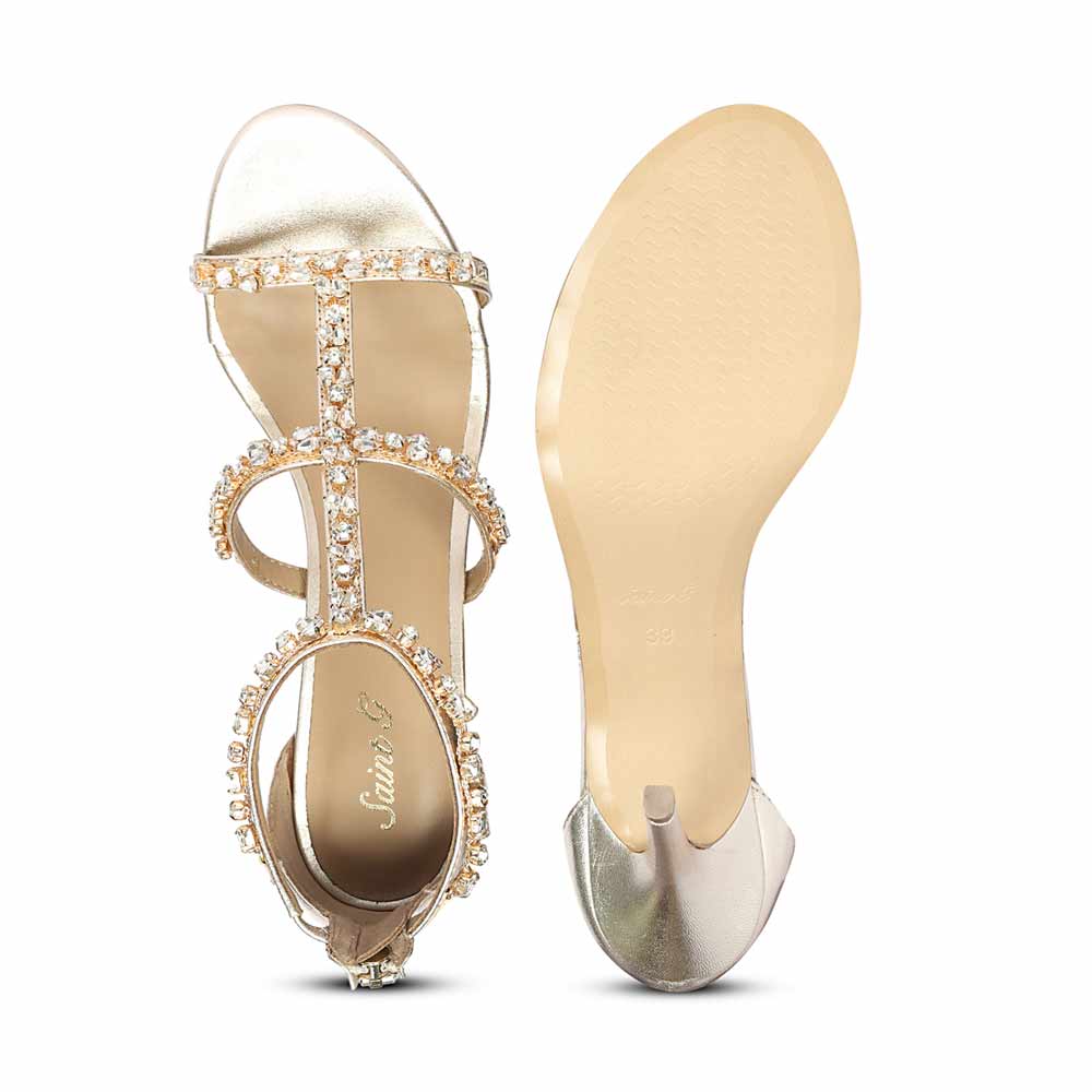 Saint Ella Stone Embellished Metallic Gold Leather Stilettos, sole view