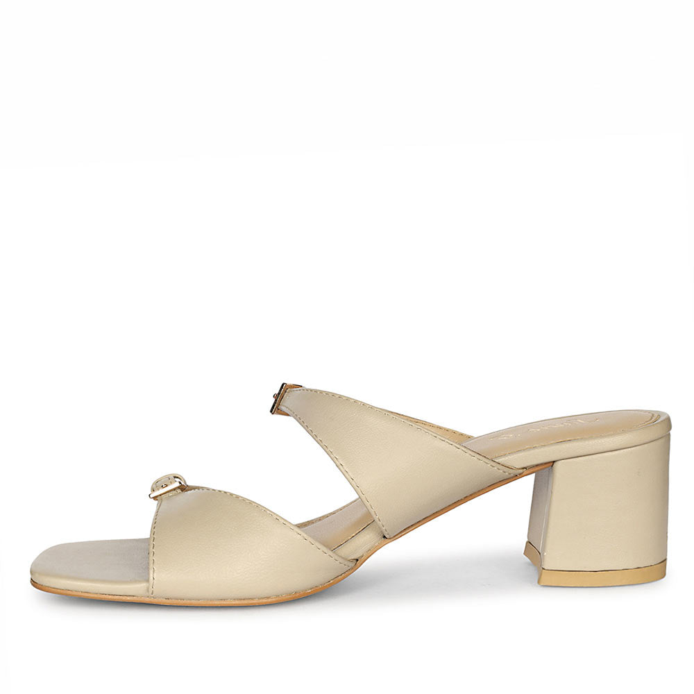 Saint Ellery beige leather buckle low block heel sandals, angled view