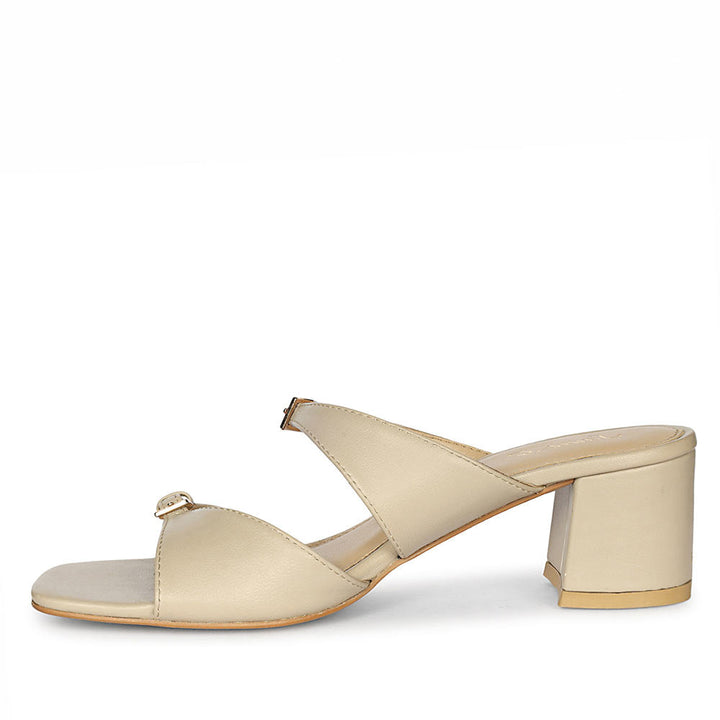 Saint Ellery beige leather buckle low block heel sandals, angled view