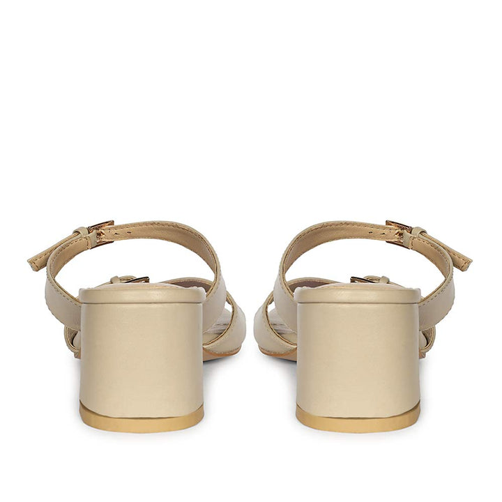 Back view of buckle detail on Saint Ellery beige leather low block heel sandals
