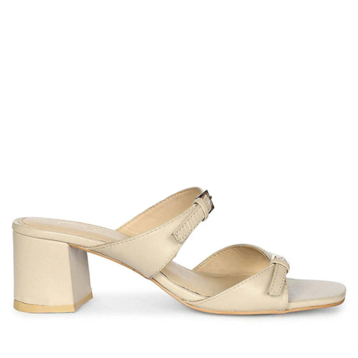 Saint Ellery beige leather low block heel mules with buckle straps, side view
