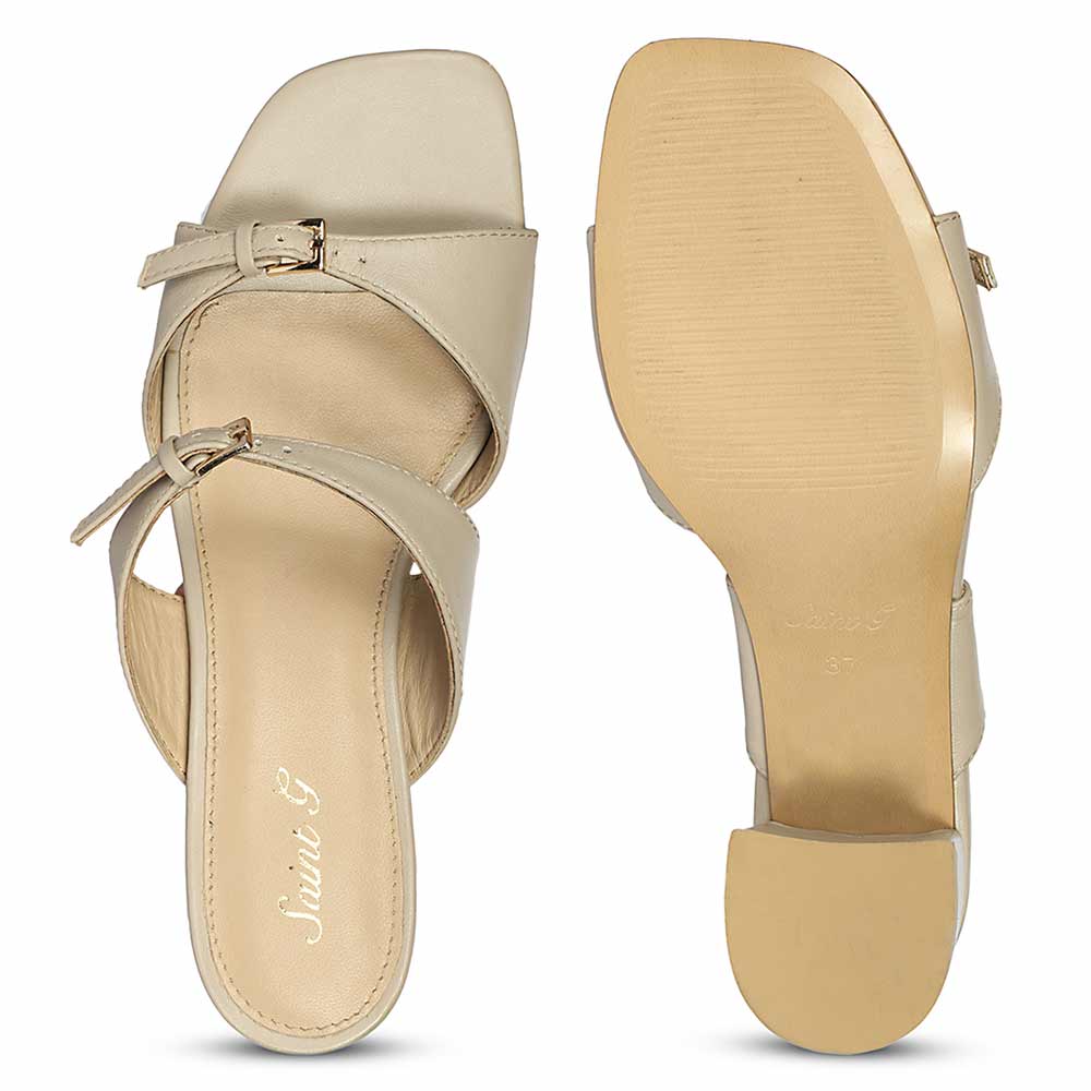 Saint Ellery beige leather low block heel sandals, top-down view