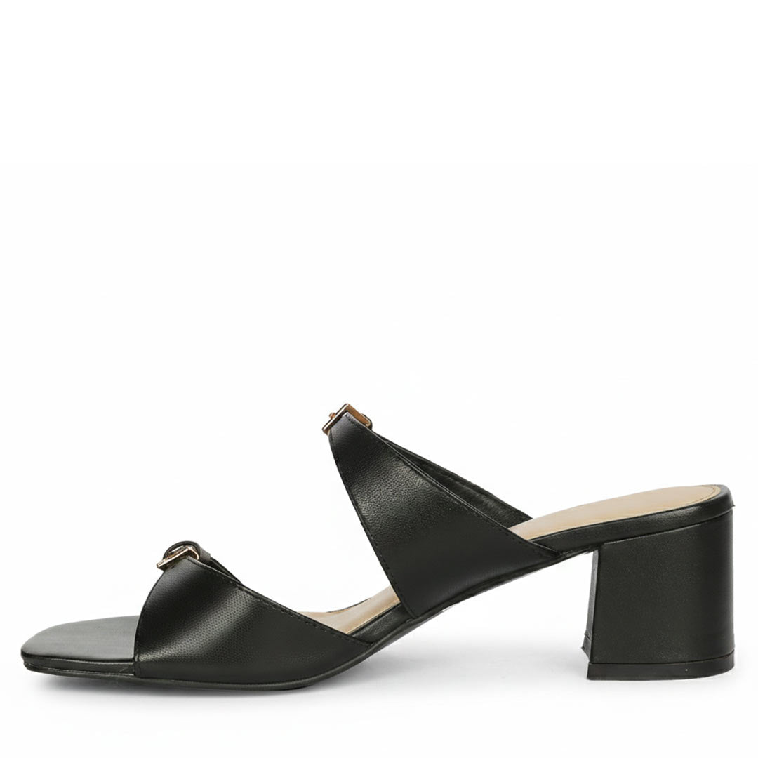 Saint Ellery black leather buckle low block heel sandals, angled view
