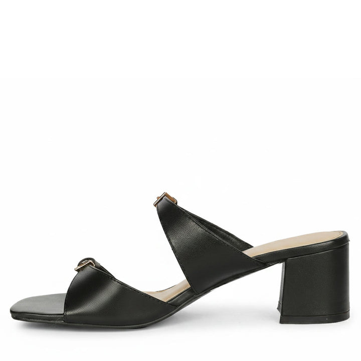Saint Ellery black leather buckle low block heel sandals, angled view