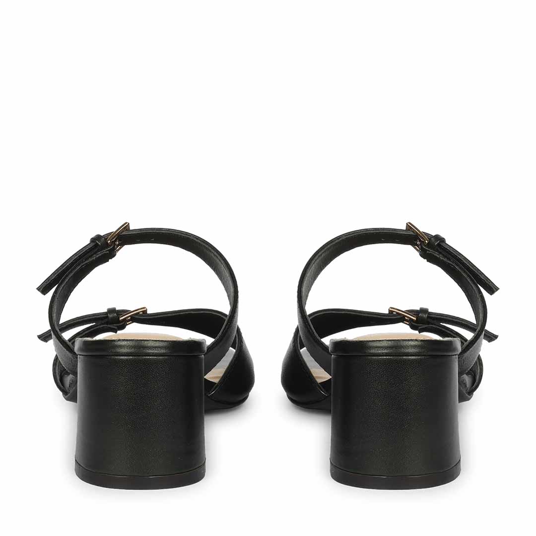 Saint Ellery black leather low block heel mules, back heel view