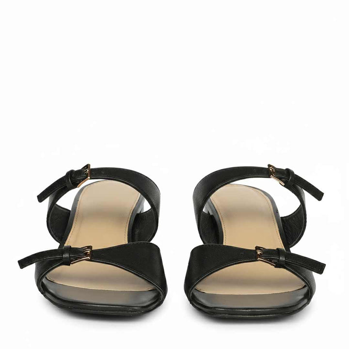 Saint Ellery black leather low block heel sandals, front view of buckle straps