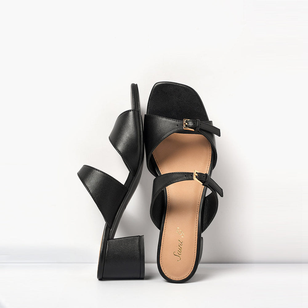 Saint Ellery black leather low block heel mules worn, lifestyle view