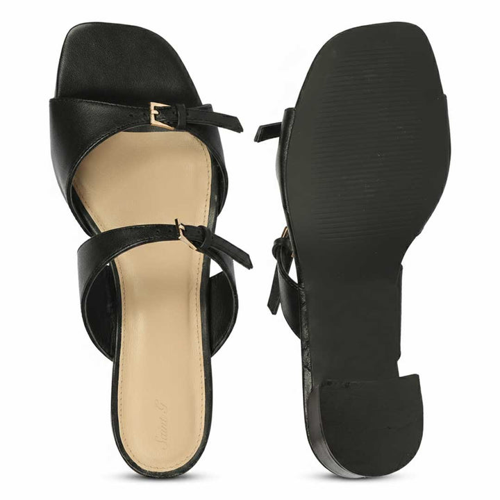 Saint Ellery black leather low block heel sandals, top-down view