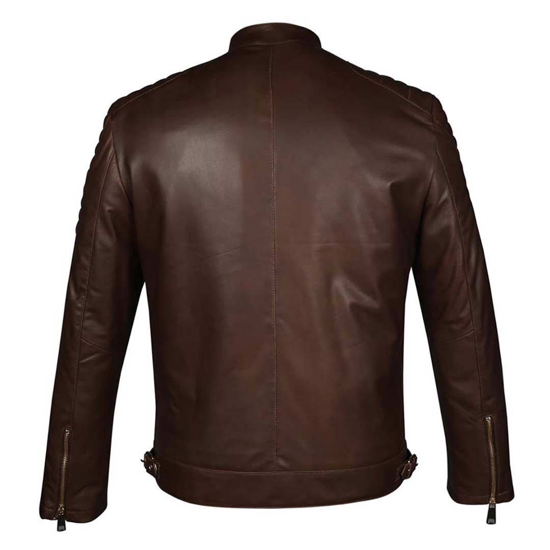 Back view of a brown leather jacket showing the quilted shoulder panels.