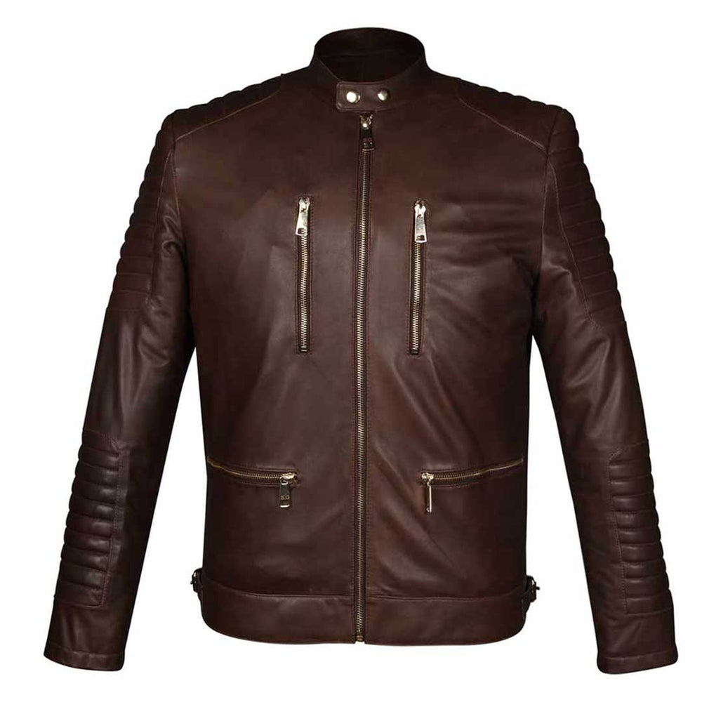 Brown leather jacket with quilted shoulder panels, shown on a plain background.