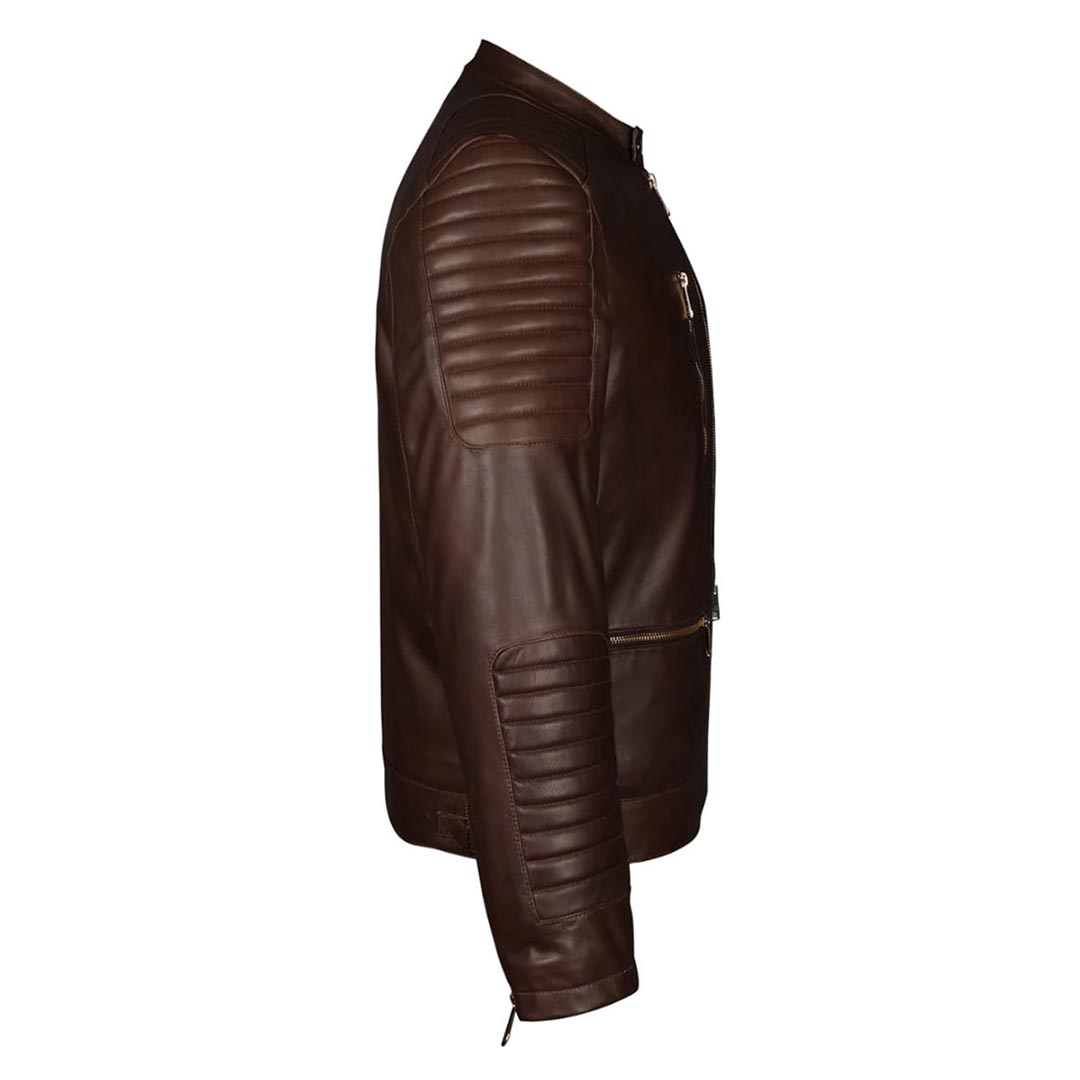 Close-up side view of a brown leather jacket's quilted panel and zip pocket.