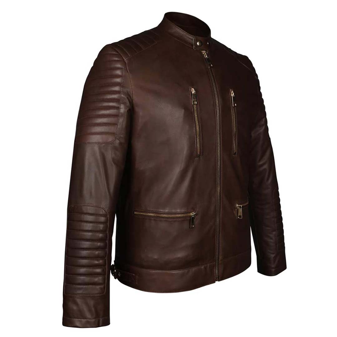 Side view of a brown leather jacket showing the quilted shoulder panel.