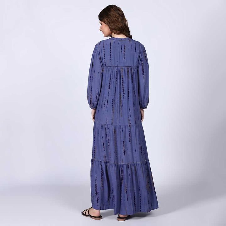 Saint Elodie midnight blue tie-dye stripe maxi dress for women UK, back view.
