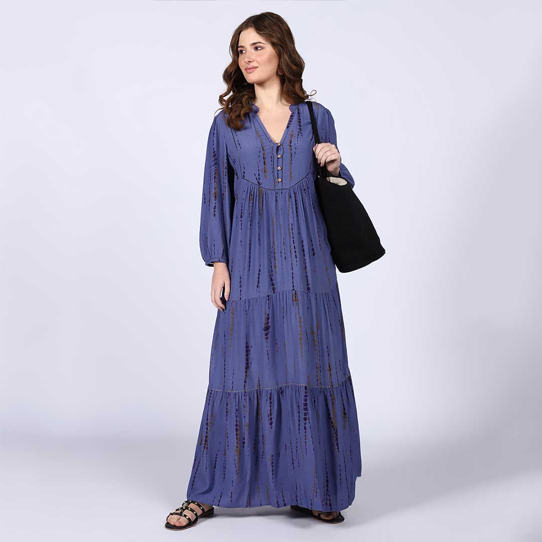 Saint Elodie midnight blue tie-dye stripe maxi dress for women UK, full-length front view.