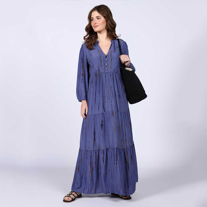 Saint Elodie midnight blue tie-dye stripe maxi dress for women UK, full-length front view.